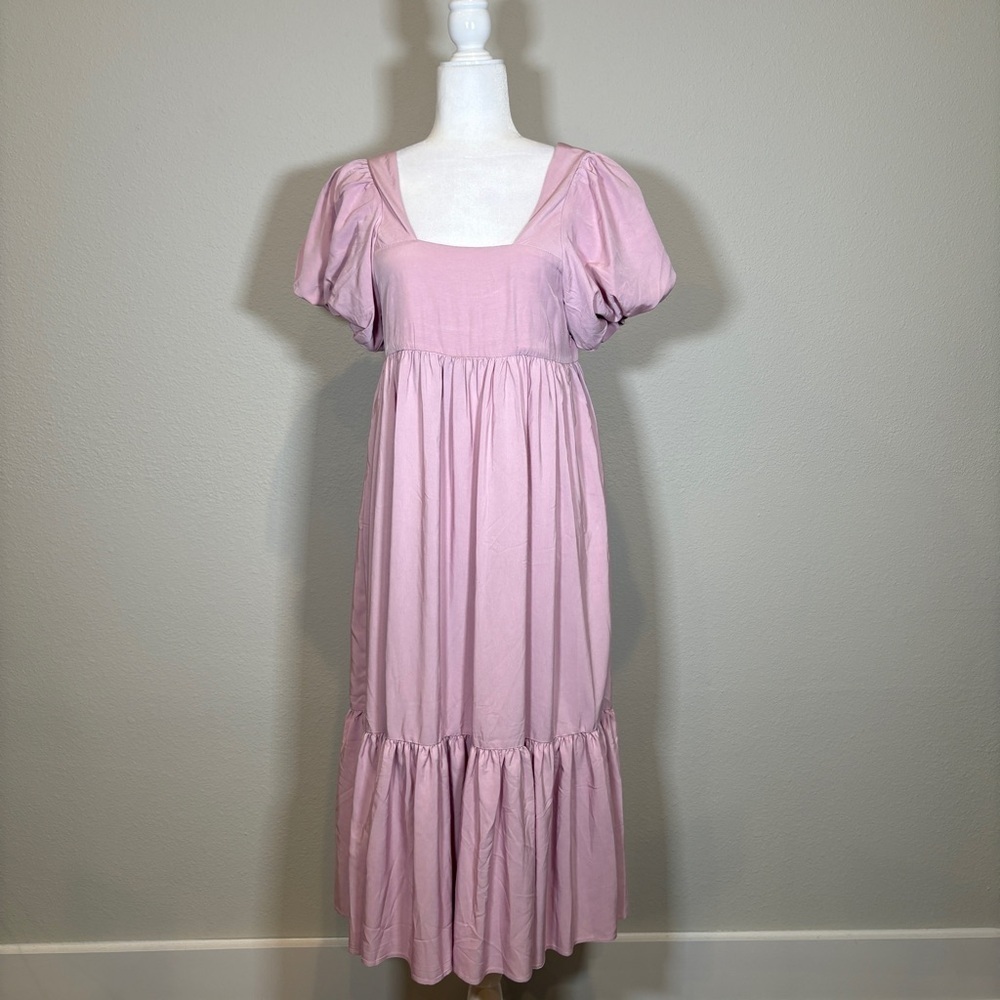 NWT Q2 Light Pink Midi Dress With Puff Sleeves Tie Back Size Small - Picture 2 of 7